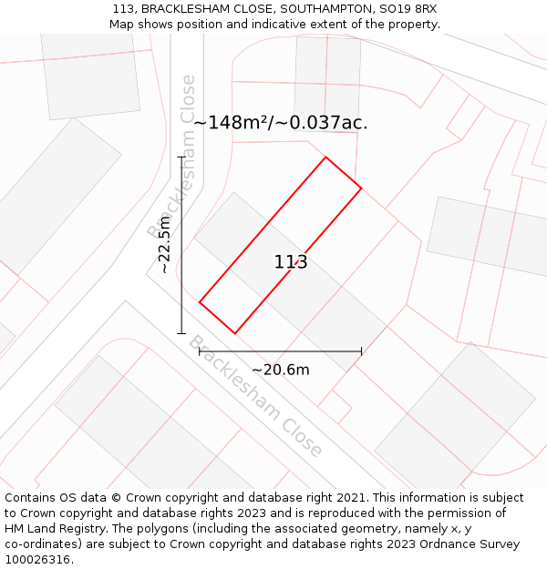 113, BRACKLESHAM CLOSE, SOUTHAMPTON, SO19 8RX: Plot and title map