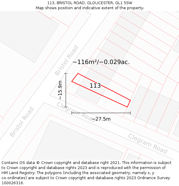 113, BRISTOL ROAD, GLOUCESTER, GL1 5SW: Plot and title map