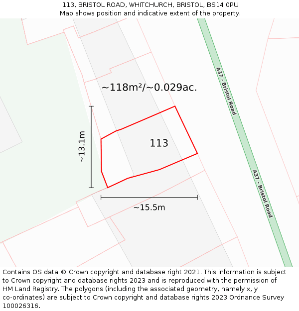 113, BRISTOL ROAD, WHITCHURCH, BRISTOL, BS14 0PU: Plot and title map