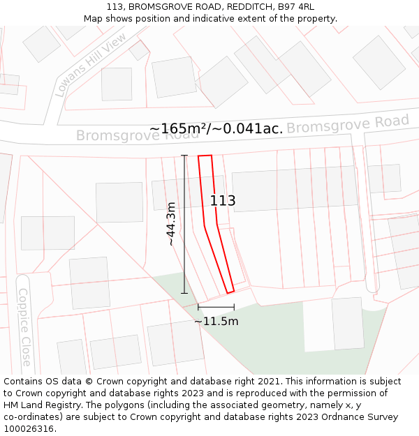 113, BROMSGROVE ROAD, REDDITCH, B97 4RL: Plot and title map