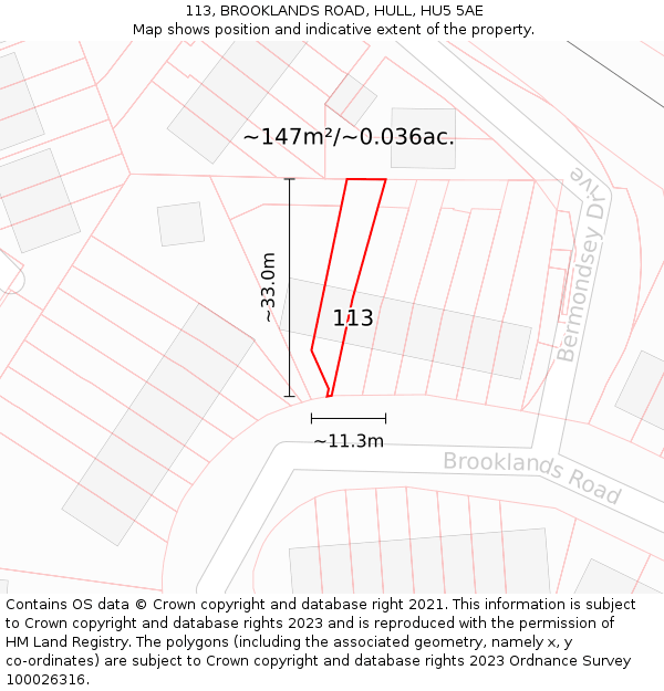113, BROOKLANDS ROAD, HULL, HU5 5AE: Plot and title map