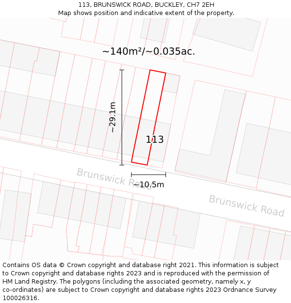 113, BRUNSWICK ROAD, BUCKLEY, CH7 2EH: Plot and title map