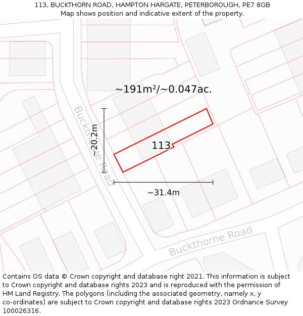 113, BUCKTHORN ROAD, HAMPTON HARGATE, PETERBOROUGH, PE7 8GB: Plot and title map