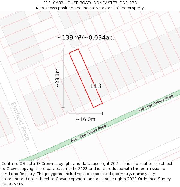 113, CARR HOUSE ROAD, DONCASTER, DN1 2BD: Plot and title map