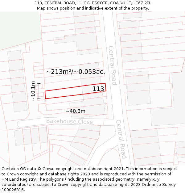 113, CENTRAL ROAD, HUGGLESCOTE, COALVILLE, LE67 2FL: Plot and title map
