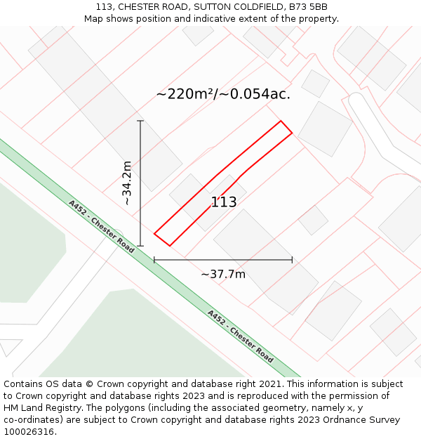 113, CHESTER ROAD, SUTTON COLDFIELD, B73 5BB: Plot and title map