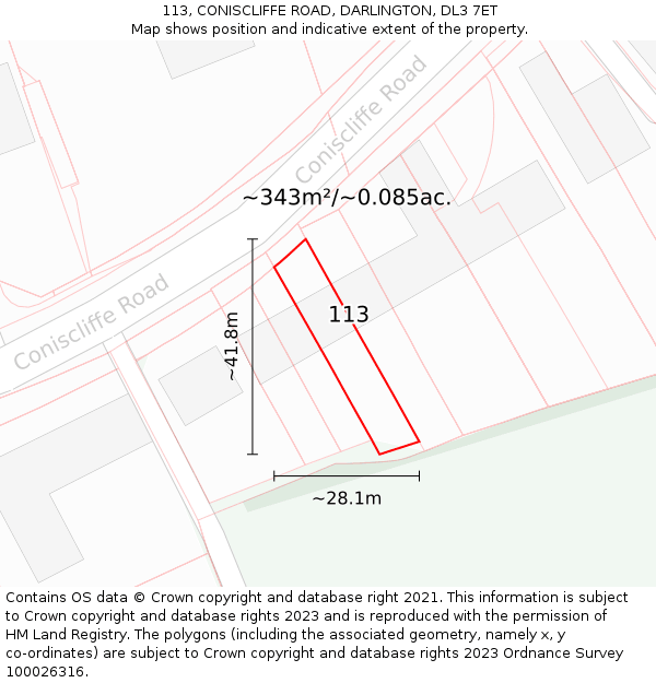 113, CONISCLIFFE ROAD, DARLINGTON, DL3 7ET: Plot and title map