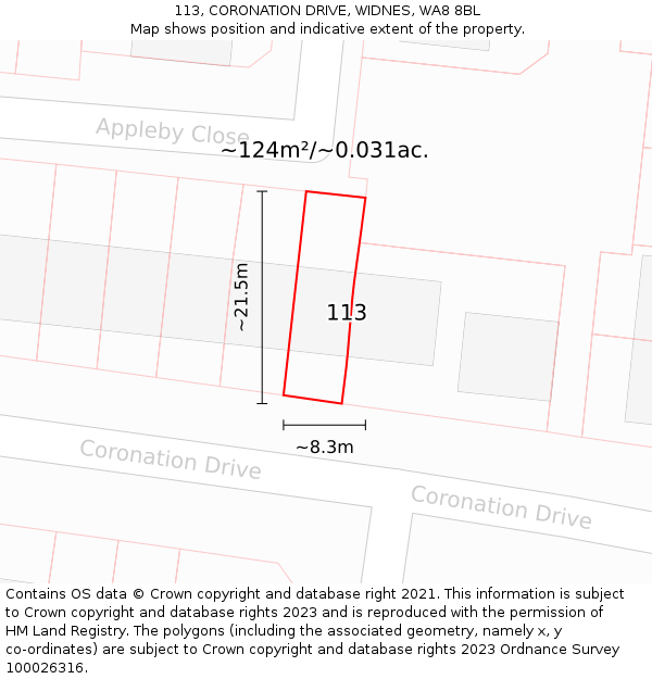 113, CORONATION DRIVE, WIDNES, WA8 8BL: Plot and title map