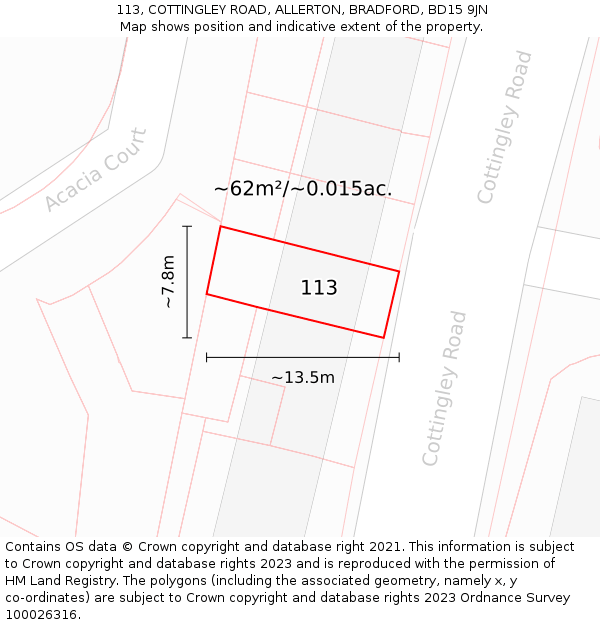 113, COTTINGLEY ROAD, ALLERTON, BRADFORD, BD15 9JN: Plot and title map