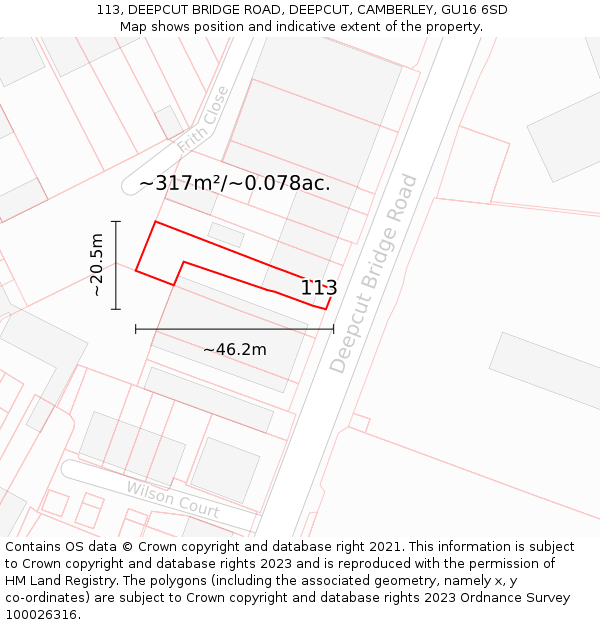 113, DEEPCUT BRIDGE ROAD, DEEPCUT, CAMBERLEY, GU16 6SD: Plot and title map