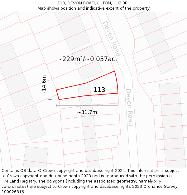 113, DEVON ROAD, LUTON, LU2 0RU: Plot and title map