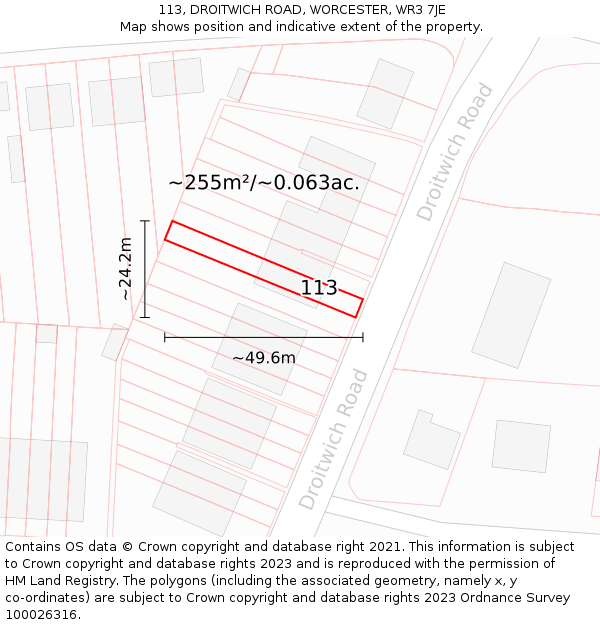 113, DROITWICH ROAD, WORCESTER, WR3 7JE: Plot and title map