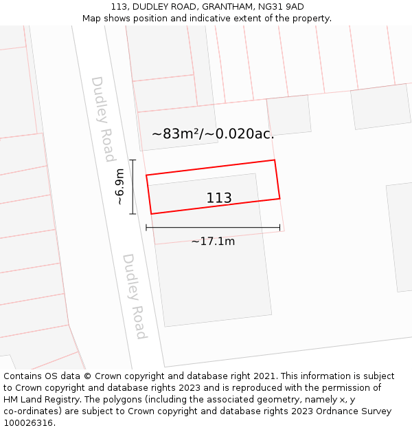 113, DUDLEY ROAD, GRANTHAM, NG31 9AD: Plot and title map