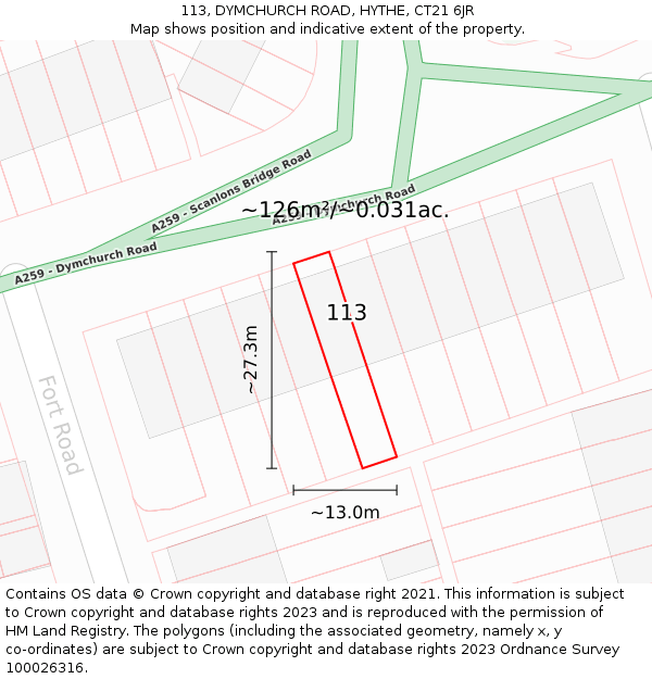 113, DYMCHURCH ROAD, HYTHE, CT21 6JR: Plot and title map