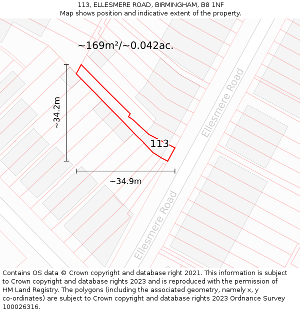 113, ELLESMERE ROAD, BIRMINGHAM, B8 1NF: Plot and title map