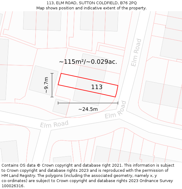 113, ELM ROAD, SUTTON COLDFIELD, B76 2PQ: Plot and title map