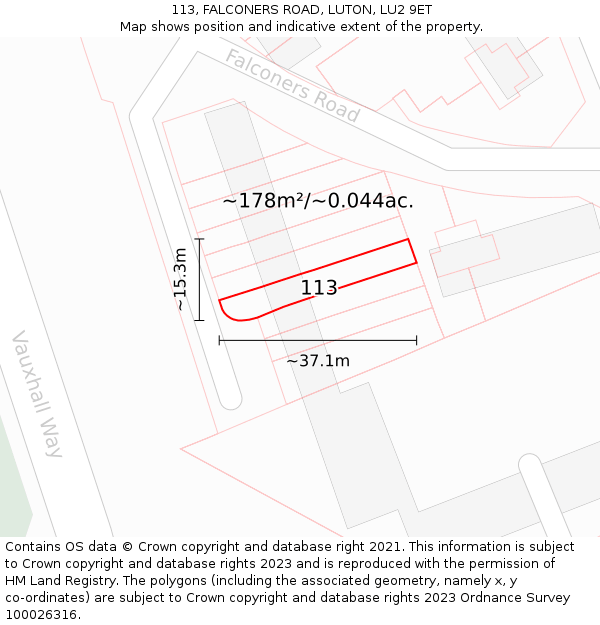 113, FALCONERS ROAD, LUTON, LU2 9ET: Plot and title map