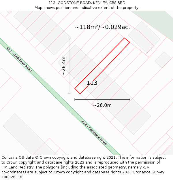 113, GODSTONE ROAD, KENLEY, CR8 5BD: Plot and title map