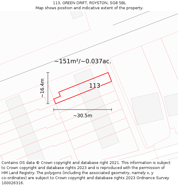 113, GREEN DRIFT, ROYSTON, SG8 5BL: Plot and title map