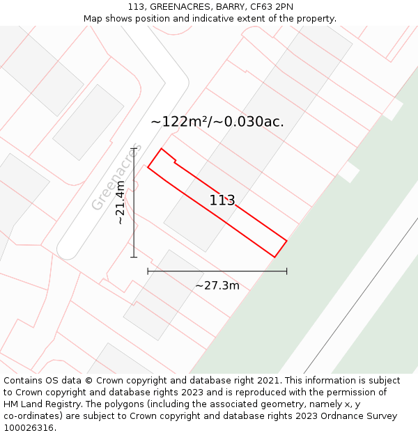 113, GREENACRES, BARRY, CF63 2PN: Plot and title map