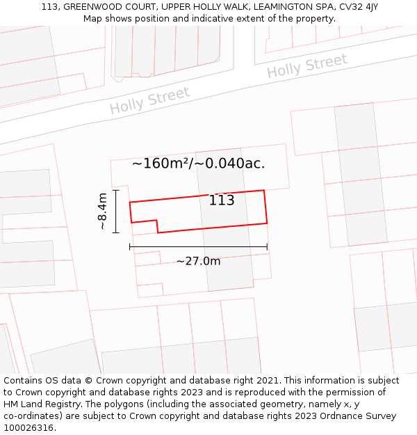 113, GREENWOOD COURT, UPPER HOLLY WALK, LEAMINGTON SPA, CV32 4JY: Plot and title map
