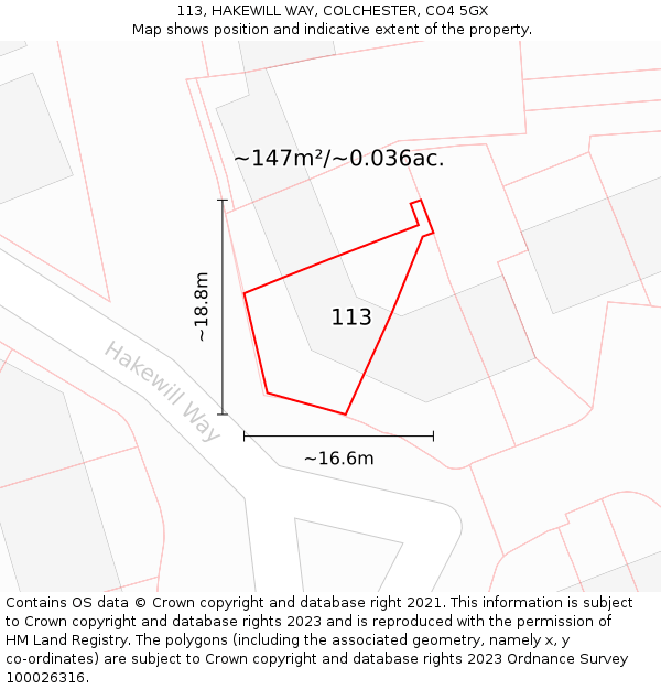 113, HAKEWILL WAY, COLCHESTER, CO4 5GX: Plot and title map