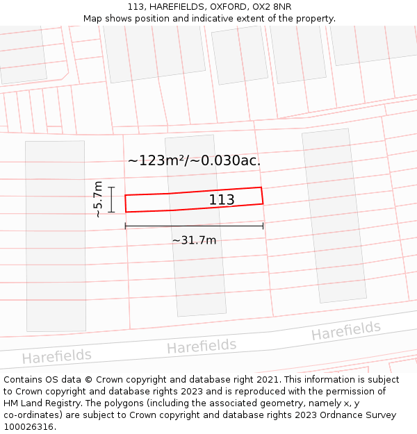113, HAREFIELDS, OXFORD, OX2 8NR: Plot and title map