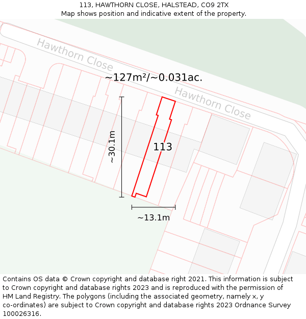 113, HAWTHORN CLOSE, HALSTEAD, CO9 2TX: Plot and title map