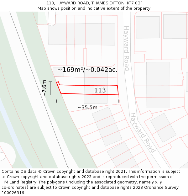 113, HAYWARD ROAD, THAMES DITTON, KT7 0BF: Plot and title map