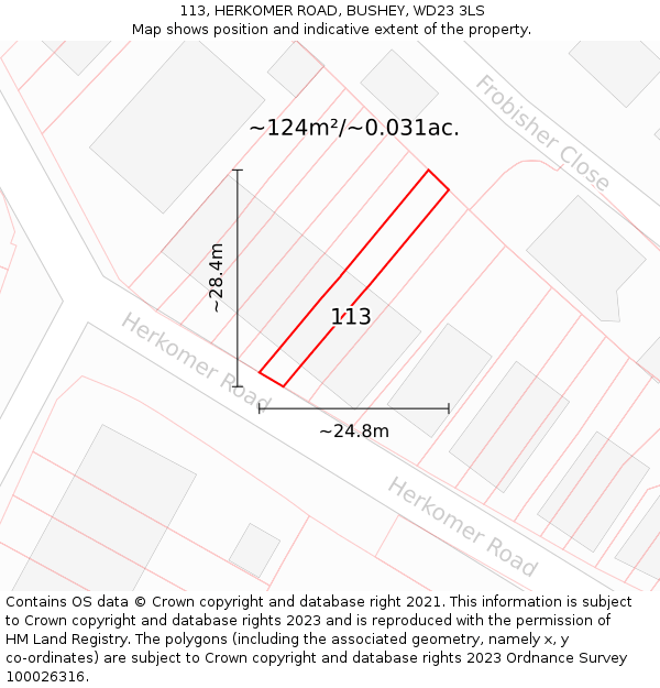 113, HERKOMER ROAD, BUSHEY, WD23 3LS: Plot and title map