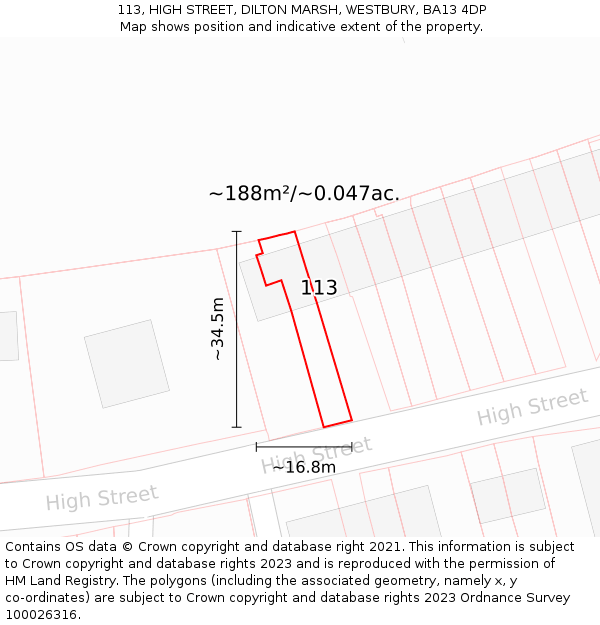 113, HIGH STREET, DILTON MARSH, WESTBURY, BA13 4DP: Plot and title map