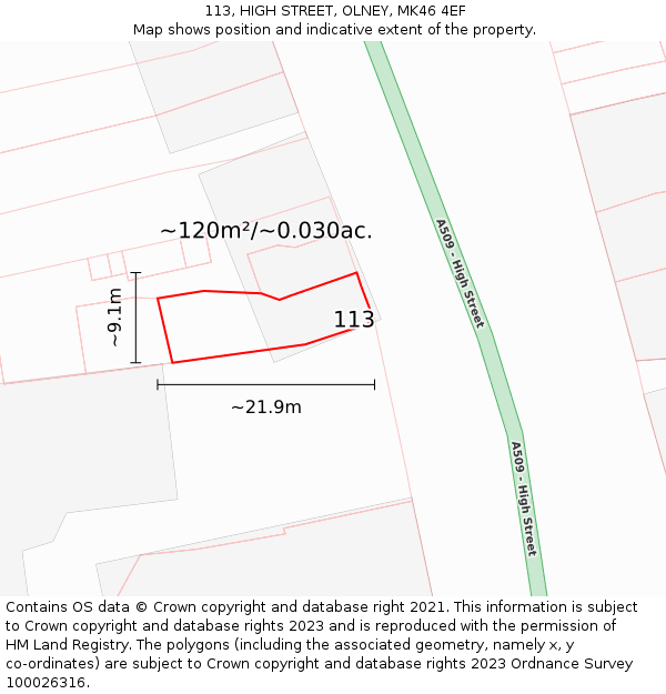 113, HIGH STREET, OLNEY, MK46 4EF: Plot and title map
