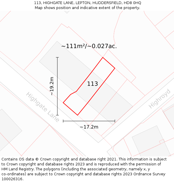 113, HIGHGATE LANE, LEPTON, HUDDERSFIELD, HD8 0HQ: Plot and title map