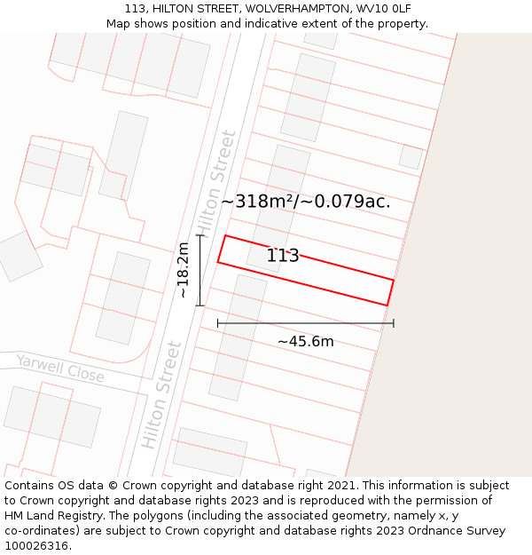 113, HILTON STREET, WOLVERHAMPTON, WV10 0LF: Plot and title map