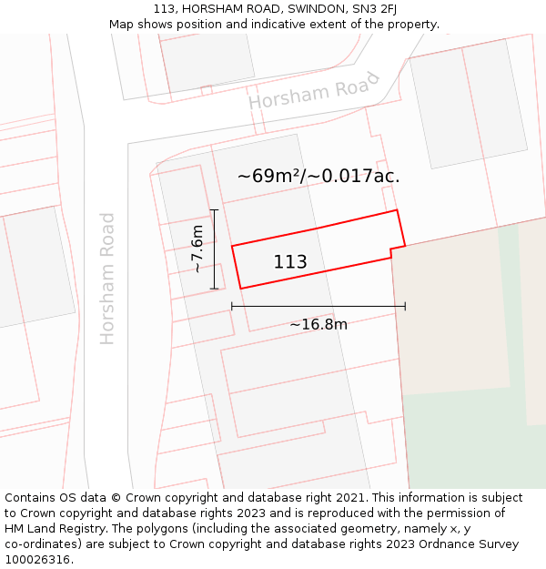 113, HORSHAM ROAD, SWINDON, SN3 2FJ: Plot and title map