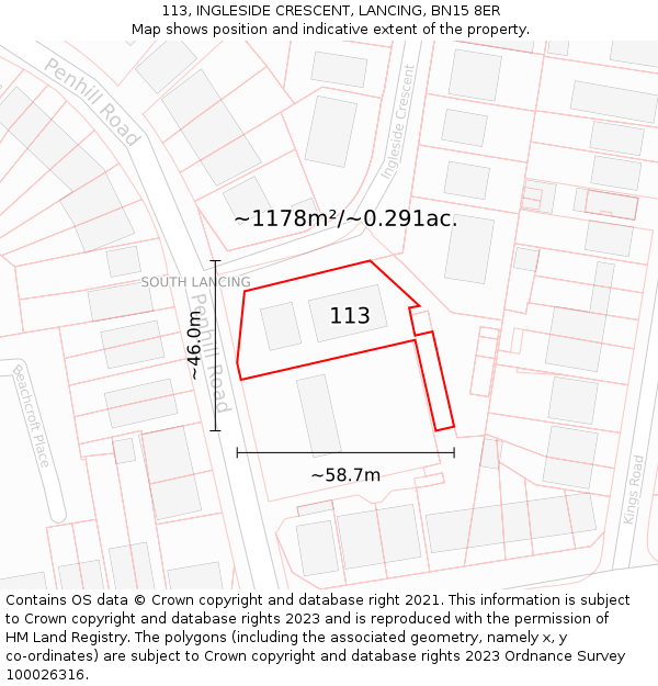 113, INGLESIDE CRESCENT, LANCING, BN15 8ER: Plot and title map