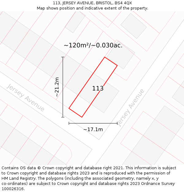 113, JERSEY AVENUE, BRISTOL, BS4 4QX: Plot and title map
