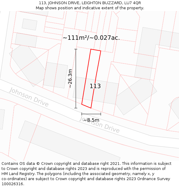 113, JOHNSON DRIVE, LEIGHTON BUZZARD, LU7 4QR: Plot and title map