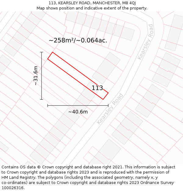 113, KEARSLEY ROAD, MANCHESTER, M8 4QJ: Plot and title map