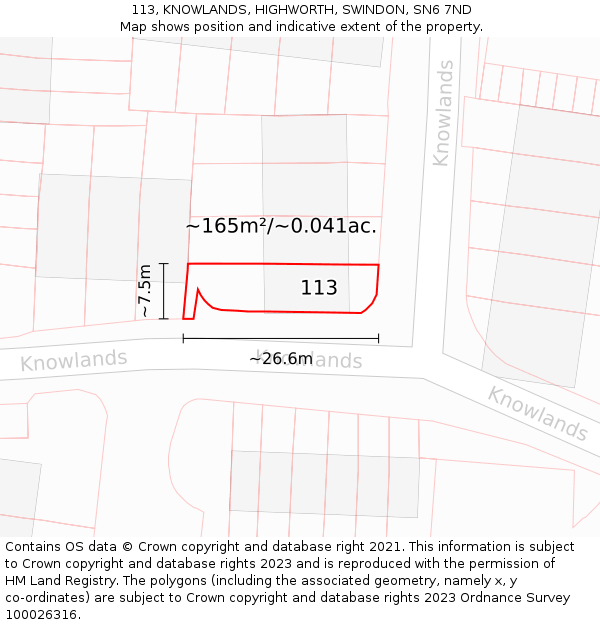 113, KNOWLANDS, HIGHWORTH, SWINDON, SN6 7ND: Plot and title map