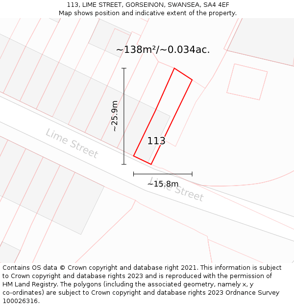 113, LIME STREET, GORSEINON, SWANSEA, SA4 4EF: Plot and title map