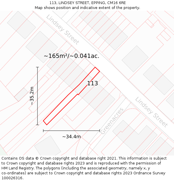 113, LINDSEY STREET, EPPING, CM16 6RE: Plot and title map