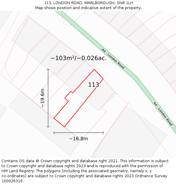 113, LONDON ROAD, MARLBOROUGH, SN8 1LH: Plot and title map
