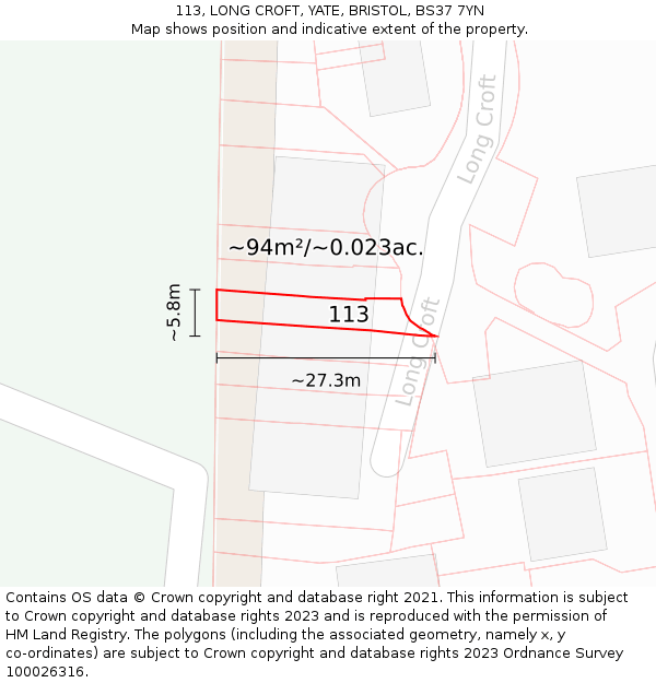 113, LONG CROFT, YATE, BRISTOL, BS37 7YN: Plot and title map