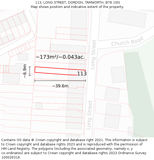 113, LONG STREET, DORDON, TAMWORTH, B78 1SN: Plot and title map