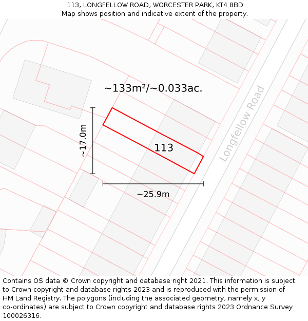 113, LONGFELLOW ROAD, WORCESTER PARK, KT4 8BD: Plot and title map
