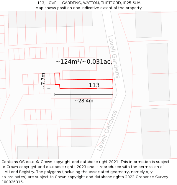 113, LOVELL GARDENS, WATTON, THETFORD, IP25 6UA: Plot and title map