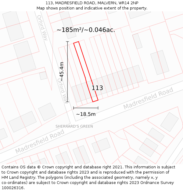 113, MADRESFIELD ROAD, MALVERN, WR14 2NP: Plot and title map