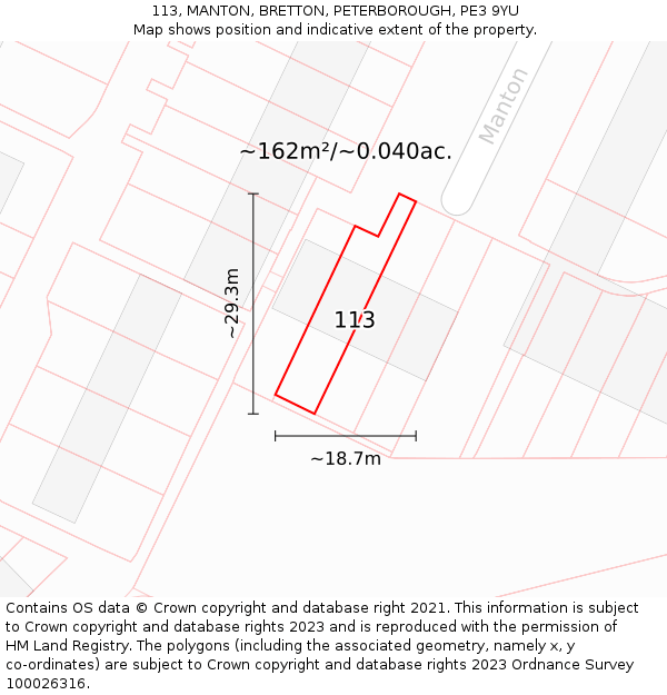 113, MANTON, BRETTON, PETERBOROUGH, PE3 9YU: Plot and title map