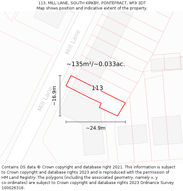 113, MILL LANE, SOUTH KIRKBY, PONTEFRACT, WF9 3DT: Plot and title map